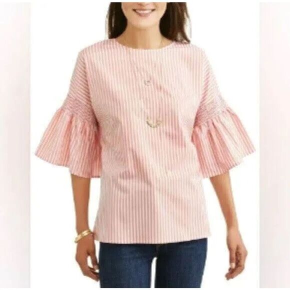 Como Blu Smocked Bell Sleeve Top in Coral Stripes Size Medium - Picture 2 of 2